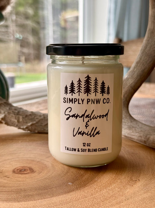 12oz Sandalwood & Vanilla Candle - Soy & Tallow Blend